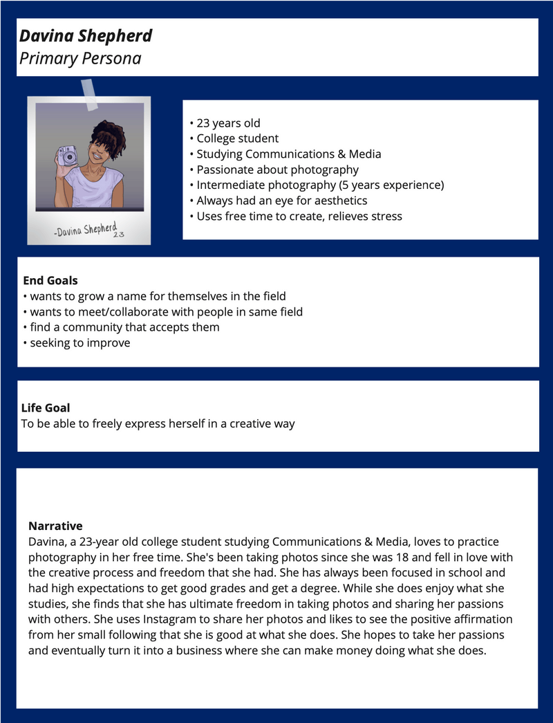 Davina persona illustration and narrative.